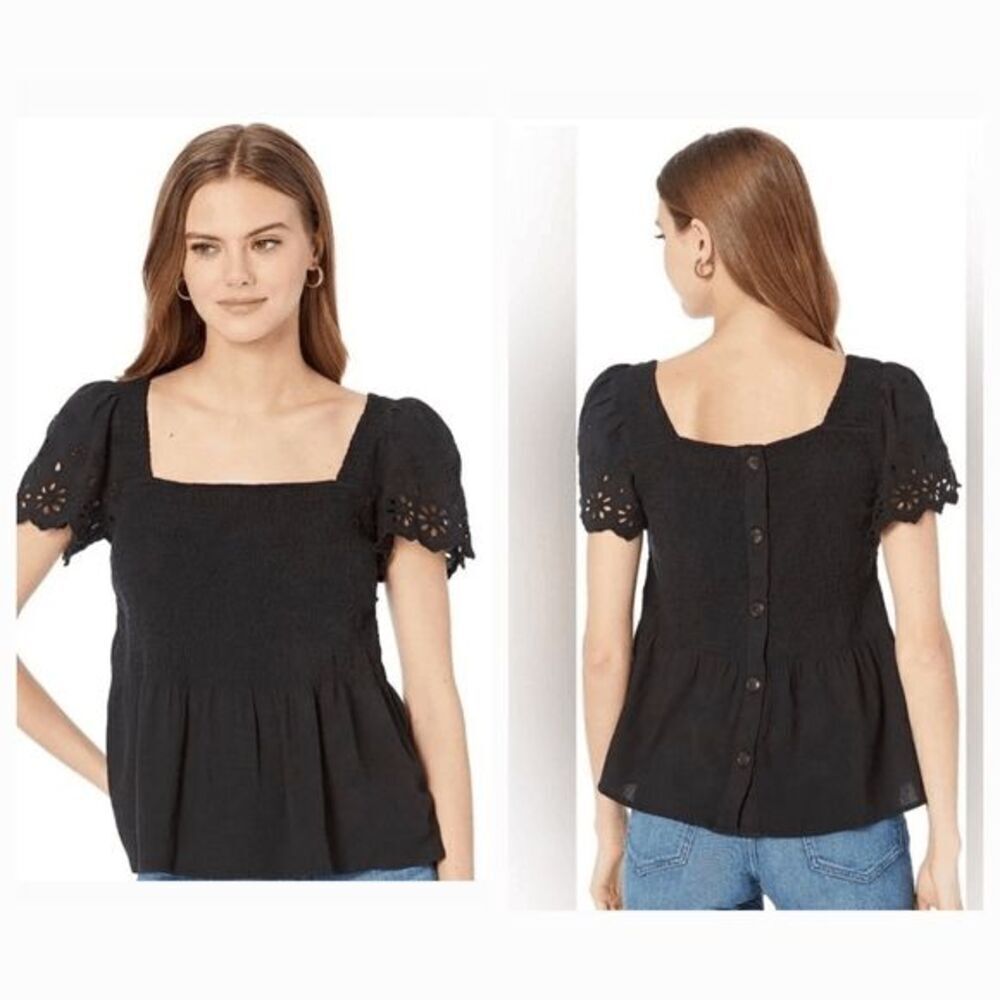 Madewell Square Neck Smocked Bodice Eyelet‎ Sleeve Lucie Peplum Top Black Small